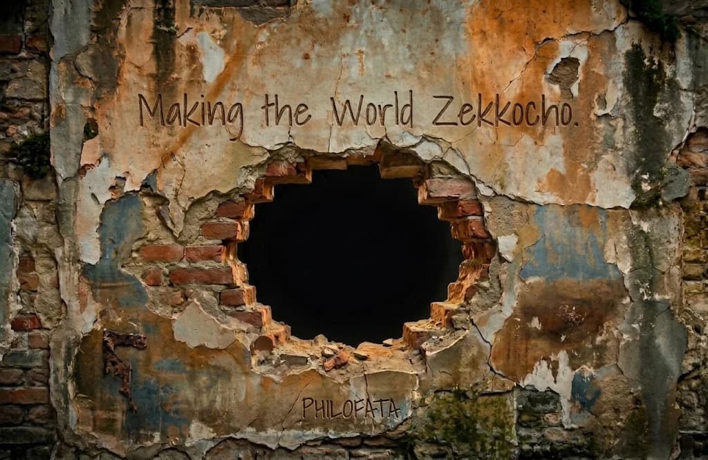 崩れたレンガの壁に「Making the World Zekkocho」「PHILOFATA」の文字